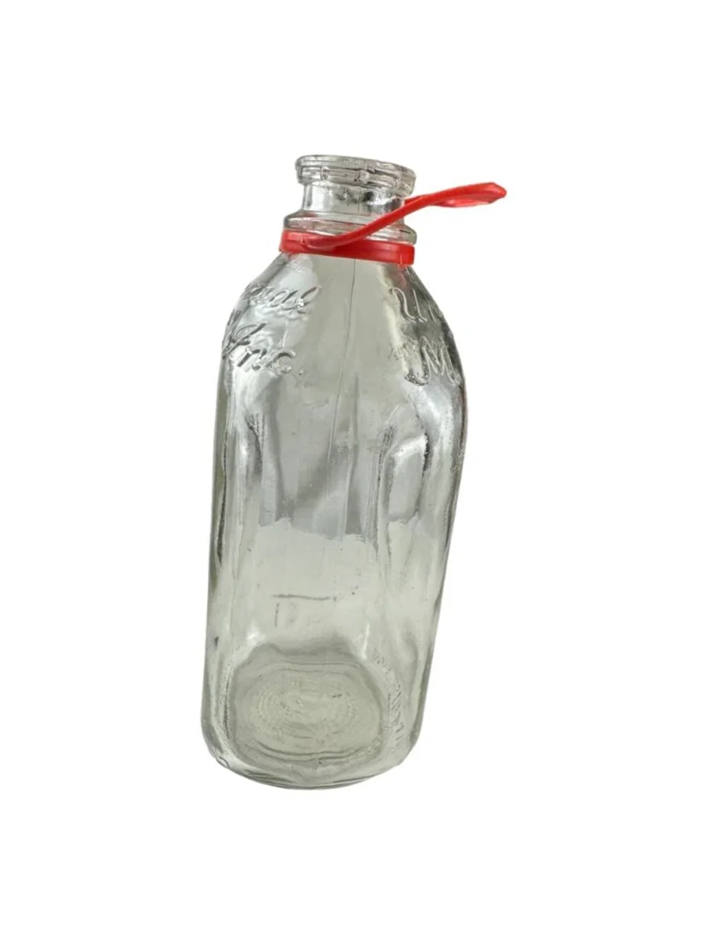 Vintage Glass Milk Bottle With Red Handle - Embossed Script Design - 10 Inches T